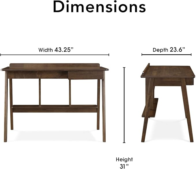 Finch Darren Home Office Desk with Drawer, Mid Century Accent Desk, 43 Inch Wide Simple Modern Study Table, Walnut Brown