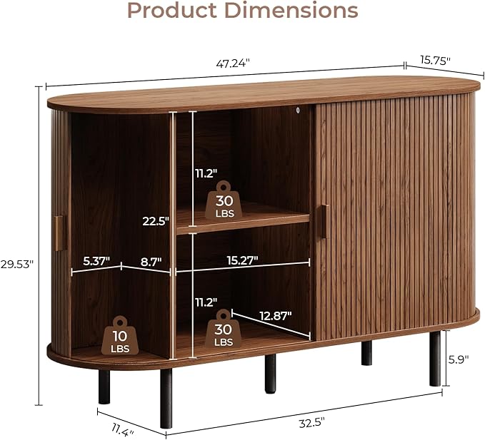 Buffet Cabinet with Storage, Fluted Sideboard Buffet with Sliding Door, Coffee Bar Cabinet with Adjustable Shelf, Console Table, Accent Table for Entryway, Kitchen (Walnut, 48 Inch)