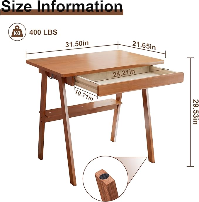 Solid Wood Writing Desk with Drawers - 31.5" Mid Century Modern Desk, Small Computer Home Office Desks for Small Spaces with Storage Shelf, Study Makeup Workstation for Bedroom/Living Room, Walnut