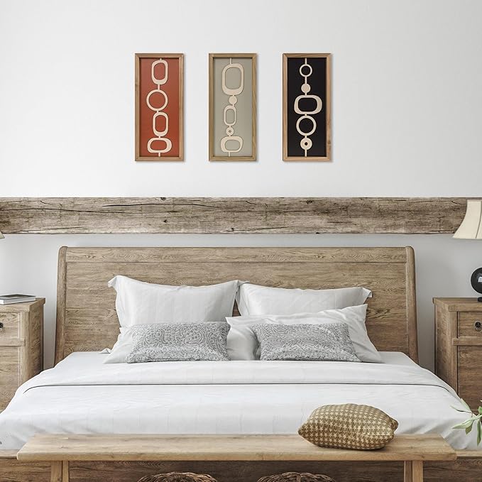 pechpell 3 Set Of Mid Century Modern Wall Art Wooden Framed, Modern Boho 3D Abstract Geometric Mcm Wall Hanging For Living Room, Bedroom, Entryway, Home Office, Earth Tone Minimalist Decor