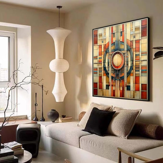 Glethua Mid Century Modern Colorful Canvas Wall Art, Geometric Abstract Wall Decor, Neutral Home Decor Aesthetic, Minimalist Artwork for Office Living Room Bedroom (Black Framed, 36"x36"/91x91cm)
