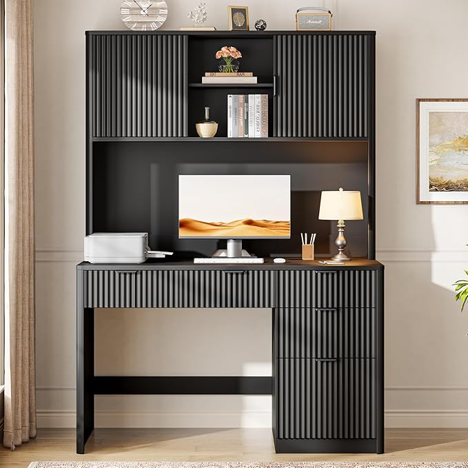 Vabches 67" H Executive Desk with Fluted Drawers,4 Drawers Fluted Computer Desk,Wood Workstation with Hutch and Barn Doors for Work and Study,Pure Black