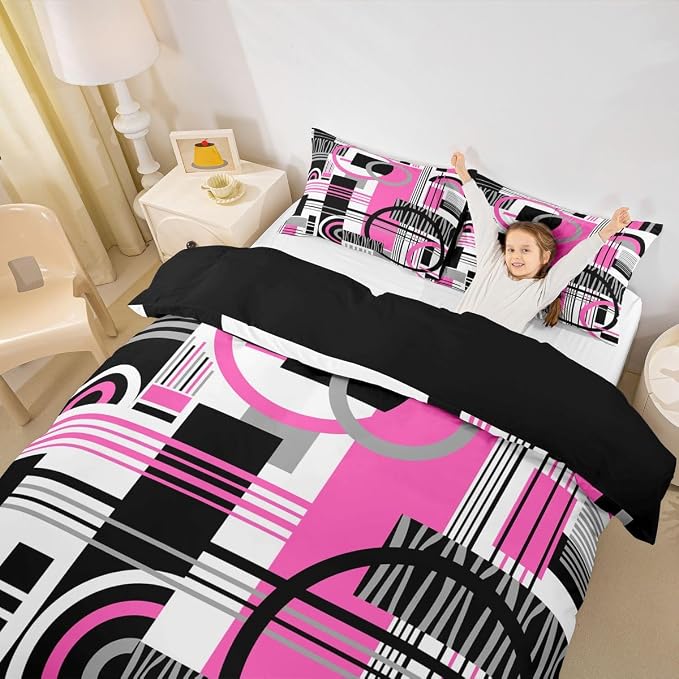 Erosebridal Art Deco Mid Century Duvet Cover Set Retro Modern Abstract Geometric King Bedding Set for Adult Men Black and White Fuchsia Circles Stripes Comforter Cover Contemporary Bed Sets