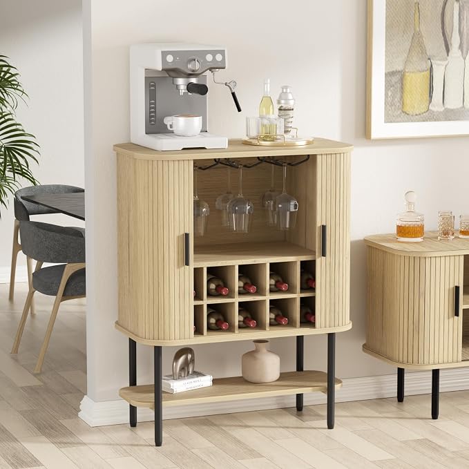 FiveWillowise Coffee Bar Cabinet with Storage, Fluted Wine Cabinet with Sliding Door, Glass Holder and Wine Rack, Buffet Sideboard Liquor Cabinet for Kitchen, Dining Room, Living Room, Natural