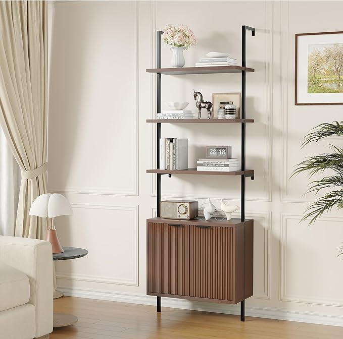 Set of 2 Ladder Bookshelf with Cabinet, 71" Tall Bookcase with Shelves & Storage, Fluted Ladder Shelf with Metal Frame, 6-Tier Display Rack for Living/Bedroom, Home & Office, Walnut & Black