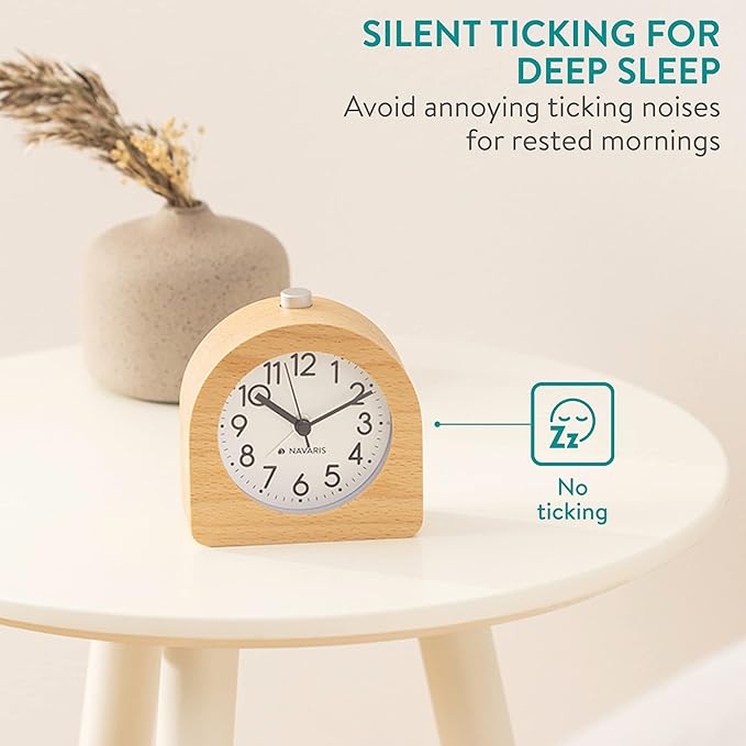 Navaris Wood Analog Alarm Clock - Half-Round Battery-Operated Non-Ticking Clock with Snooze Button and Light - Light Brown