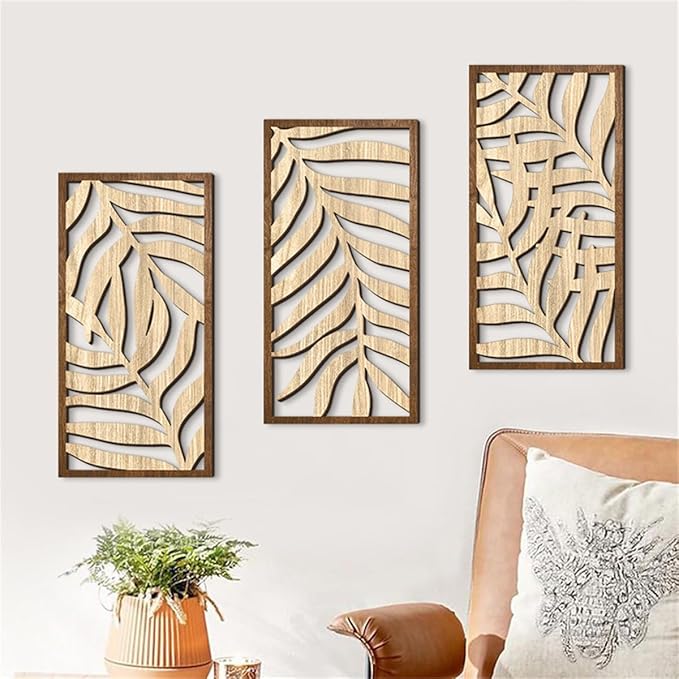 3 Pcs Tropical Leaf Wood Wall Art Decor, Wooden Minimalist Wall Hanging Decor, 3D Hollow Carved Craft Art Set, Boho Abstract Wall Sculptures Panels Decoration for Home Living Room Bedroom Kitchen (C)