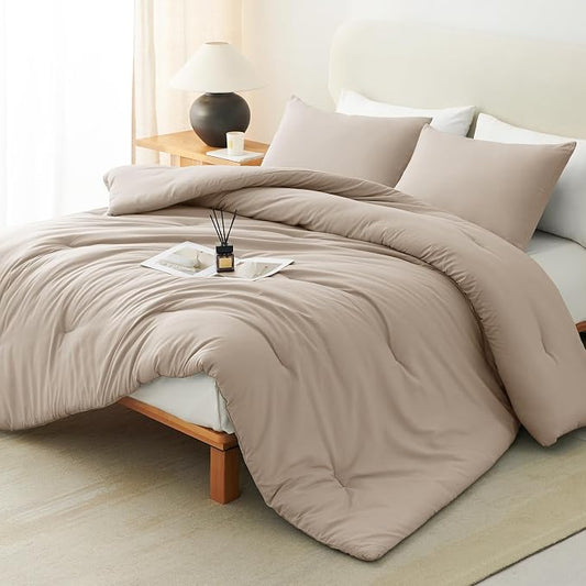 CozyLux Queen Comforter Set Wheat, 3 Pieces Lightweight Comforters Queen Size Quilted Bedding Sets, All Season Breathable Solid Down Alternative Comforter with 2 Pillowcases, Bed Set Gift for Home