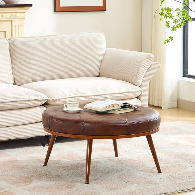 Round Ottoman Coffee Table, Large Faux Leather Cushioned Footstool Ottoman,Stationary Ottomans, Backless Chair, Footrest for Living Room, Bedroom, Padded Seat, Brown