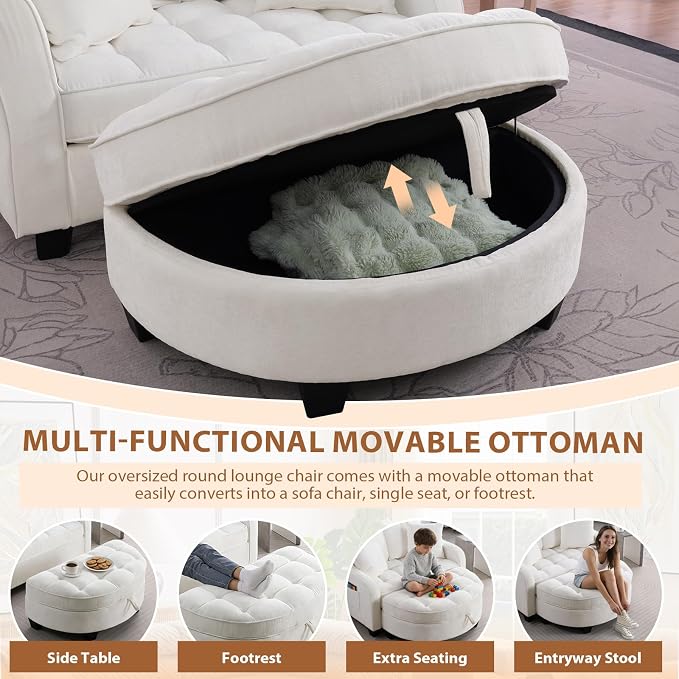 Oversized Curved Chaise Lounge Chair Indoor with Ottoman, 54.8" Cloud Boneless Reading Chair Soft Chenille Circle Couch w/Adjustable Backrest for Living Room, Apartroom, Bedroom, Beige