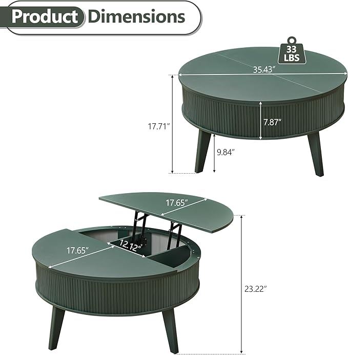 Round Lift Top Coffee Table with Storage, 35.4'' Fluted Wood Center Table Mid Century Modern Coffee Table with Lifting Top for Living Room, Office, Small Space (Green)