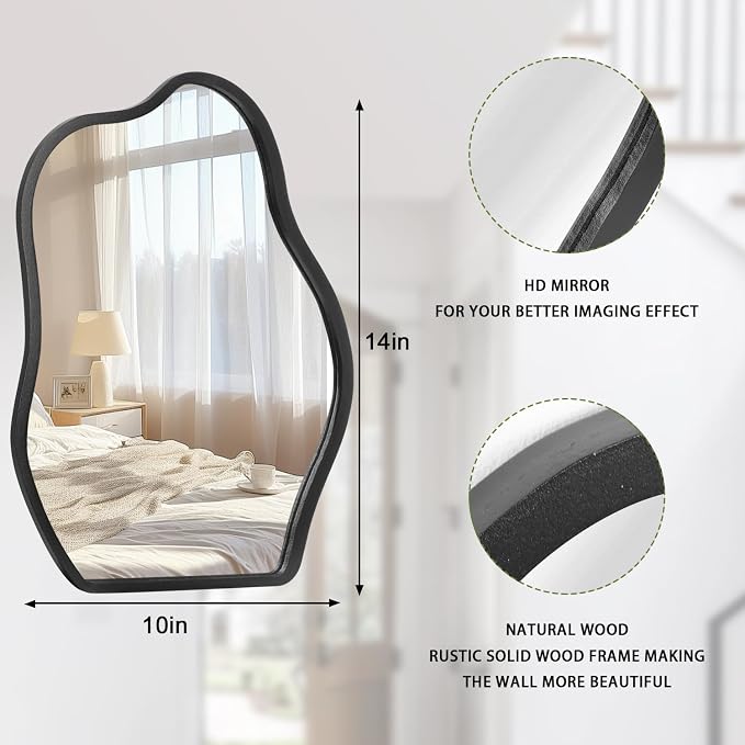 Asymmetrical Wall Mirror with Wood Frame Irregular Modern Hanging Mirror for Wall for Vanity Living Room Bedroom Bathroom Entryway Hallway Modern Unique Decorative Artistic Mirror