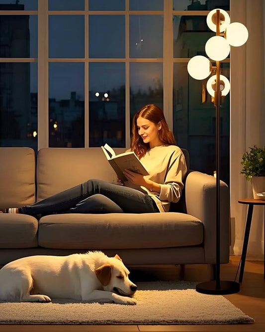 64IN Dimmable Black Floor Lamp, Tall Standing Lamps with 5 Globe Soft Warm White Eye Care 3000K G9 Bulbs, Mid Century Modern Floor Lamp with 5Lbs Heavy Base for Living Room Bedroom Office