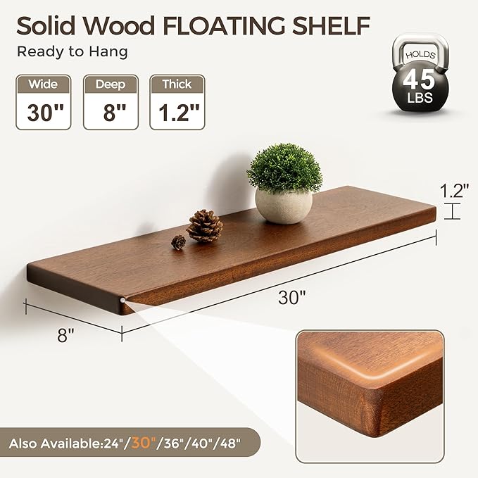 Fun Memories 30 Inch Floating Shelves, Rustic Solid Wood Wall Shelves Set of 2, 8 Inch Deep Floating Shelf for Bathroom, Bedroom, Heavy-Duty Wooden Shelf Wall-Mounted for Home Decor & Storage