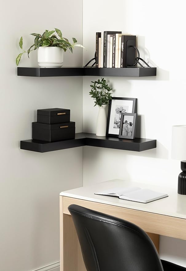 Kate and Laurel Havlock Modern Wood Two-Piece Floating Corner Shelf Set, 26 x 8 x 3, Black, Wooden Corner Kitchen Shelving with Unique Geometric Shape for Living Room Decor or Entryway Storage