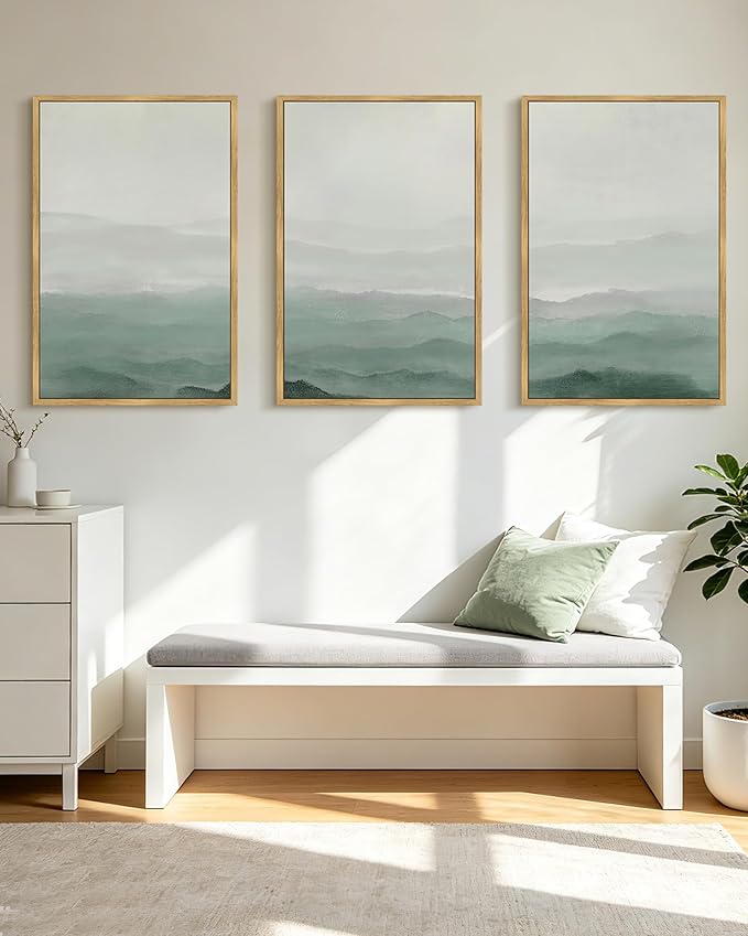 KUVIOKE Green Watercolor Mountains in Fog Framed Canvas Wall Art Wilderness Nature Landscape Artwork Painting Boho Rustic Scenic Relax Cool Room Decor for Bedroom Living Room 24x36in (Natural Framed)