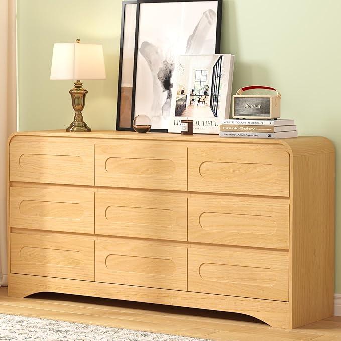 Dresser for Bedroom with 9 Drawers, 63" Long Modern Wood Chest of Drawers with Pre-Installed Slides, Large Storage Cabinet with Curved Design for Bedroom, Natural Oak