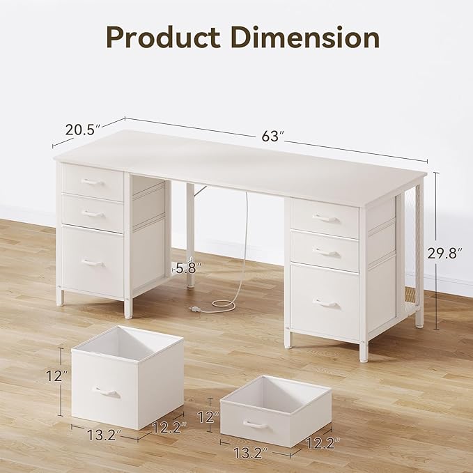 ODK 63 inch Computer Desk with File Drawers Cabinet, Modern Office Desk with Large Storage for Home Office, Study, Gaming, White