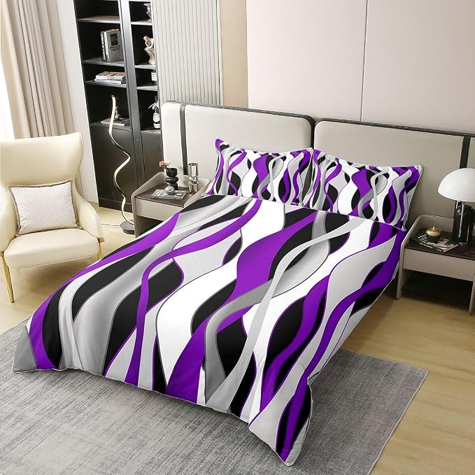 Erosebridal Purple Modern Abstract 100% Cotton Duvet Cover King Geometric Waves Striped Bedding Set for Kids Teens Adults Wave Lines Art Comforter Cover Minimalist Artistic Bed Set 3 Pcs