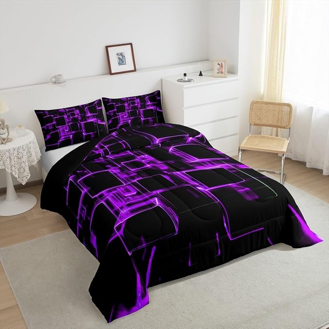 Erosebridal Fluorescent Purple and Black Kids Comforter Set, Modern Geometric Square Bedding Sets Colorful Gradient Neon Light Honeycomb Duvet Insert King 3 Pieces