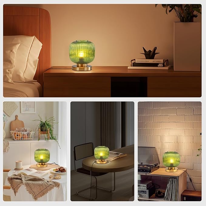 Green Glass Table Lamp - Mid Century Modern with Ribbed Glass Shade, Gold Finish - Desk & Nightstand Lamp - Small Size for Bedside, Living Room & Office