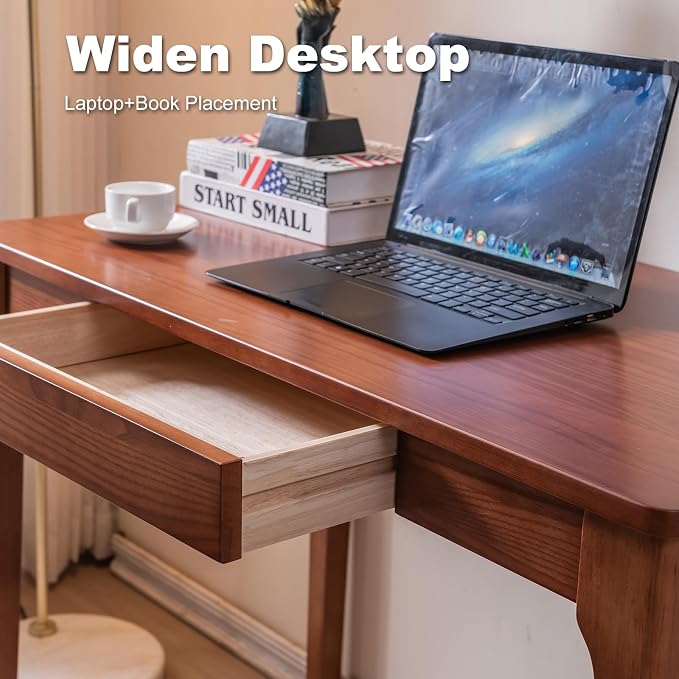 Solid Wood Desk with Drawers, Home Office Desk for Small Spaces, Gaming Work Study Desk, Student PC Desk for Bedroom, Easy to Assemble (Cherry Color, 39.4 inch)