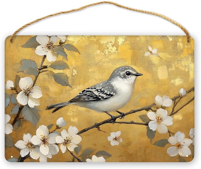 Artistic Retro Bird on Floral Branches Wooden Wall Art, Luxe Home Decors for Vintage Enthusiasts, 12x8 Inch Wood Sign to Add Glamour to Your Bedroom
