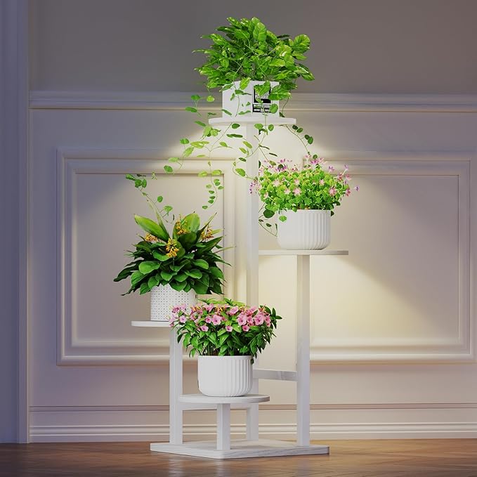Homsorout Plant Stand Indoor with Grow Light, 4-Tiered Tall Plant Stand Indoor, Metal Plant Shelf with Adjustable Light, Ideal for Living Room, Garden, Patio white