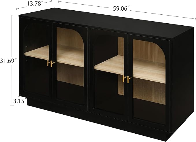 Sideboard Buffet Cabinet with Storage - Accent Storage Cabinet with 4 Glass Doors Adjustable Shelves,Black Wood Credenza for Living Room, Kitchen,Dining Room, Entryway (Black 4 Doors)