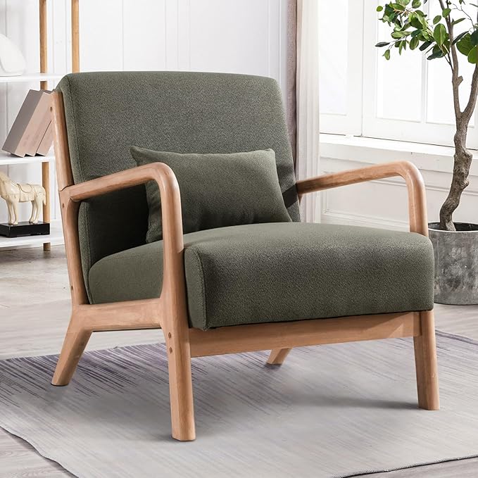 INZOY Mid-Century Modern Accent Chair Set of 2, Green Reading Armchair with Waist Cushion, Upholstered Living Room Chairs for Bedroom Sunroom