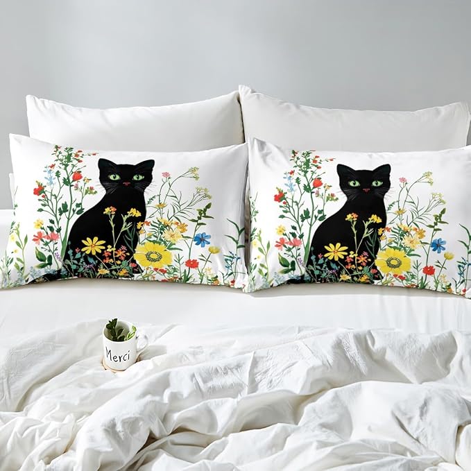 Erosebridal Cute Cat Bedding Set Full Vintage Flowers Duvet Cover Colorful Floral Garden Comforter Cover for Kids Girls Boys Adults Elegant Chic Animal Bed Set