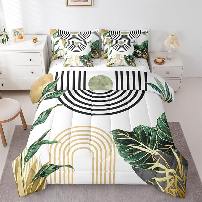Erosebridal Boho Mid Century Bed in A Bag 7 Pcs Vintage Minimalist Art Comforter Set for Women Men Abstract Tropical Aesthetic Bedding Sets King Retro Botanical Leaves Sun Sheet Set with Comforter