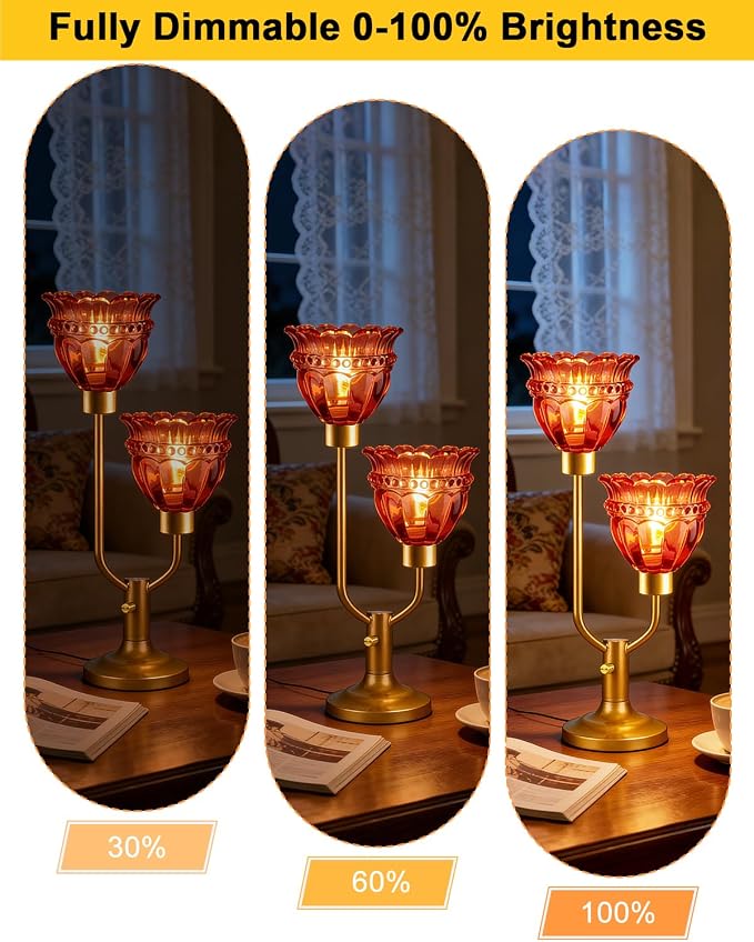 Lightdot Mid Century Modern Table Lamp Dimmable Vintage Gold Desk Lamp Red Glass Nightstand Lamp 2 Bulbs Included Warmwhite Ambient Bedside Lamps for Living Room Bedroom Girls Room Home Office Decor