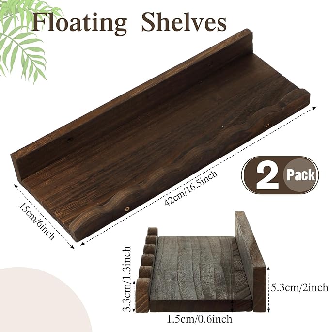 Suzile 2 Pcs Scalloped Shelves Wall Floating Shelves Set for Room, Bathroom, Bedroom, Cute Room Decor Aesthetic and Books, Toys, Photo Frames Storage(16.5",Carbonized Brown)