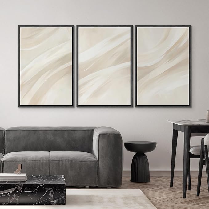 SIGNWIN Framed Canvas Print Wall Art Set Abstract Beige Flow Neutral Brushstroke Illustrations Modern Art Decorative Boho Relax/Zen Nordic for Living Room, Bedroom, Office - 24"x36"x3 Black