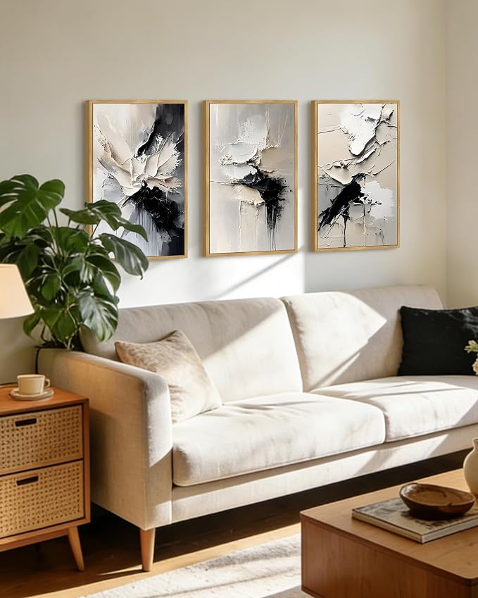 KUVIOKE Navy Blue Abstract Framed Wall Art Minimalist Graffiti Pastel Wall Decor Modern Neutral Color Block Illustration Painting Brush Stroke Art Home Decor 16x24in (Natural Framed)