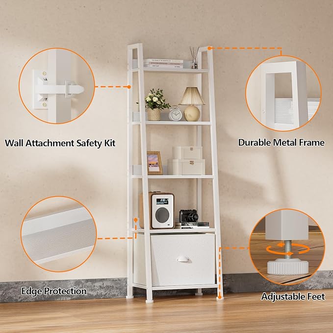 Furologee 5-Tier White Ladder Shelf, Ladder Bookshelf with Removable Drawer, Mordern Bookcase Storage Rack Organizer, Wood Metal Freestanding Storage Shelves for Living Room, Home Office, Bedroom