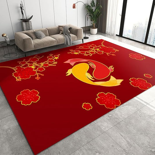 Chinese Style Koi Area Rug, Red Background Plum Blossom Non Slip Accent Rug, Machine Washable Durable Carpet for Indoor Bedroom Living Room Office Decor Rug - 5 ft x 6 ft