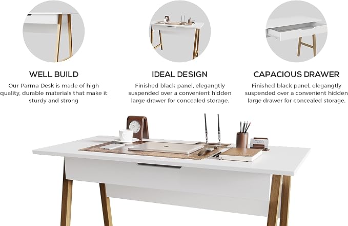 Modern Design Parma Small Desk for Bedroom, White Writing Desk 42 Inch with Drawer, by Crafts and Comfort