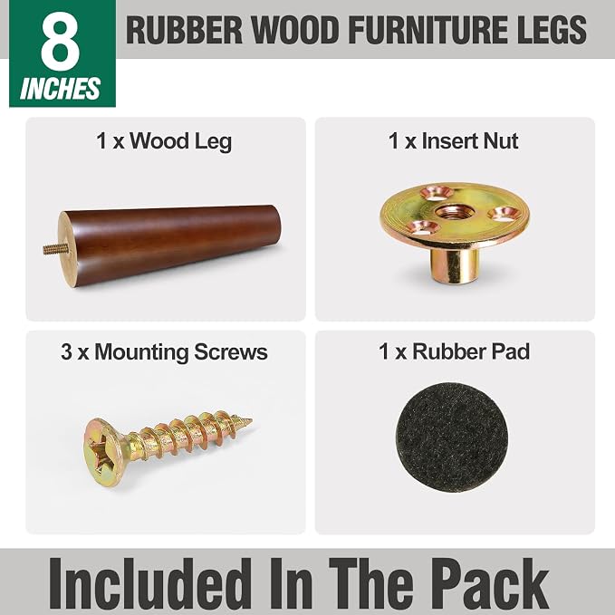 FoDau770 Brown Rubber Wood Furniture Legs 8 Inches, 5/16" UNC Straight Tapered Wood Feet Mid Century Sofa Legs, Wooden Furniture Feet Replacement Parts for Cabinet Couch Dresser Chair Ottoman Table