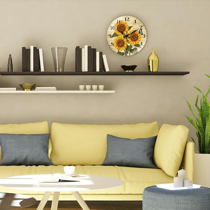 peacoblue Wall Clocks Battery Operated 12 Inch Sunflower Glass Round Wall Clock Non Ticking for Kitchen Living Room Dining Room Bedroom and Bathroom Decor Accessories (Battery not Included)