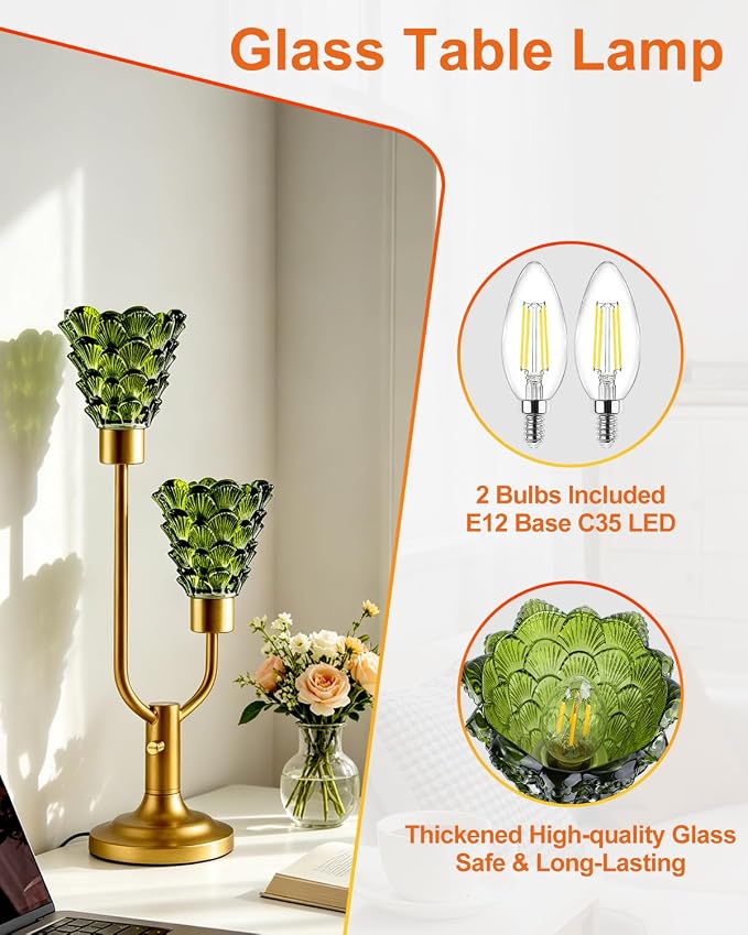 Lightdot Vintage Green Glass Table Lamp for Living Room Dimmable Mid Century Modern Desk Lamp Gold Nightstand Lamp 2 Bulbs Included Warmwhite Ambient Bedside Lamps for Bedroom Home Office Decor Gift