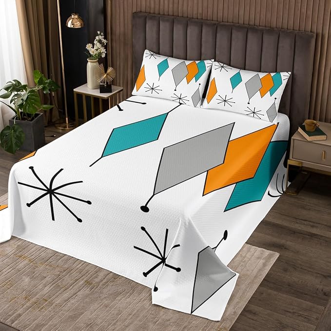 Erosebridal Colorful Aesthetic Coverlet King Size Diomand Bedding Set, Retro Atomic Bedspread Set Modern Mid Century Quilt Set, Bohemian Minimalist Bed Set Breathable 3pcs