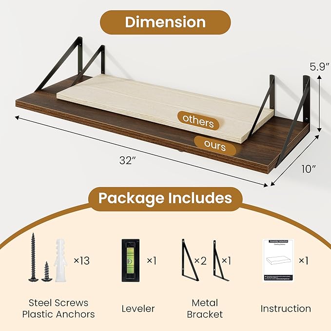 Floating Shelf for Wall,32" WX10 D Wood Floating Shelves with Sturdy Metal Bracket Set of 2,Wall Mounted Hanging Shelf for Bathroom,Bedroom,Kitchen,Walnut