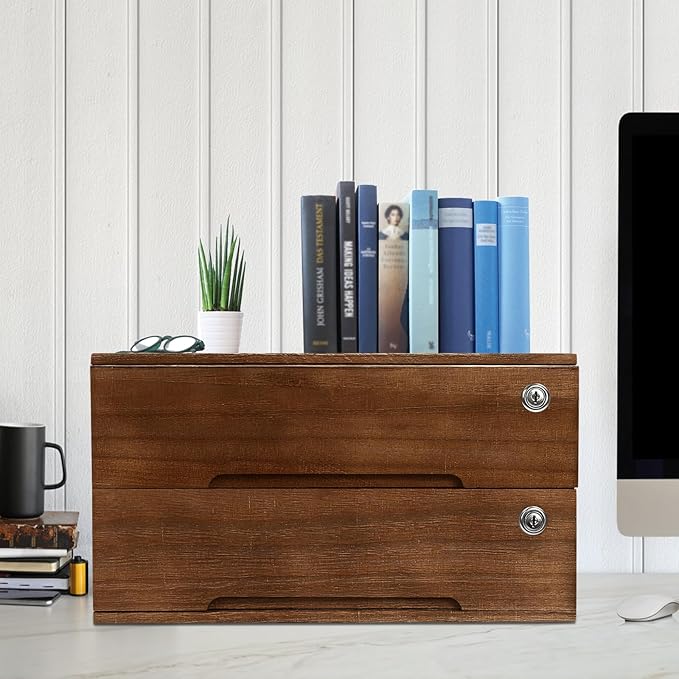 Desktop File Organizer with Lock, 2/3/4 Tier Multi-Drawer Wooden Storage Cabinet, Office Supply Organizer for Home Desk, Study & Workplace (Walnut, 2 Layers)