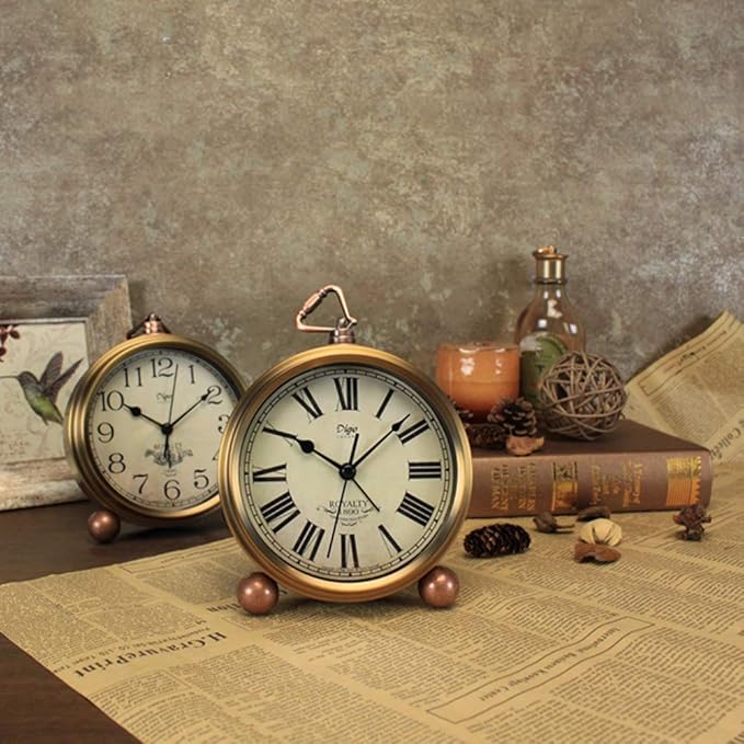 Maxspace Metal Golden Table Clock, Retro Vintage Non-Ticking Small Alarm Clock,Battery Operated Silent Quartz Movement HD Glass Desk Clock for Bedroom Living Room Indoor Decoration Kids… (Roman2)