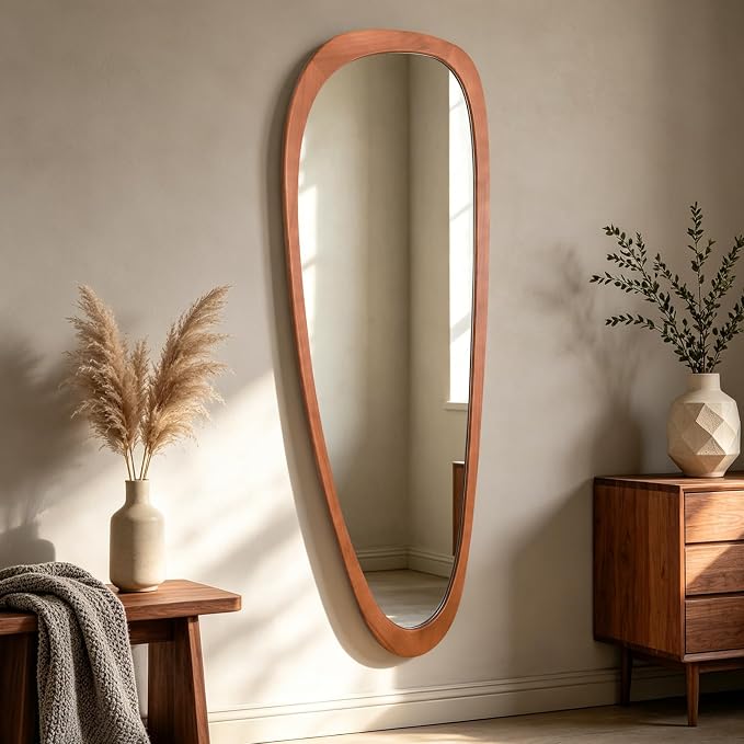 HOMECOOKIN 60" H x 22" W Asymmetrical Mirror Full Length, Irregular Wooden Wall Mirror for Bedroom, Living Room,Entryway– Boho Mid-Century Modern Decorative Mirror, Solid Wood Frame(Walnut)