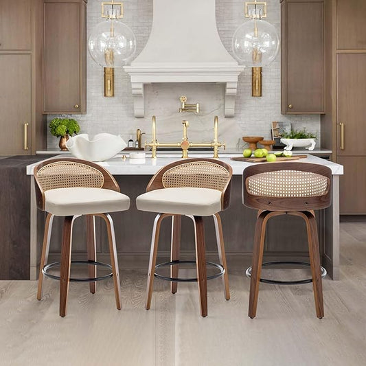 26" Swivel Rattan Bar Stools Set of 3,Mid-Century Modern Beige Leather Upholstered Counter Height Stools,Kitchen Island Barstools with Rattan Low Backrest,Walnut Wood Finish Bar Chair