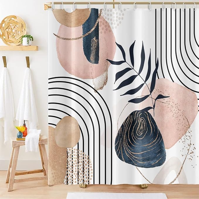 Abstract Mid Century Shower Curtain Boho Eucalyptus Leaves Botanical Black Geometric Lines Pattern for Minimalist Bathroom Decor Accessories Shower Curtain Set with 8 Hooks, 48x72 Inches