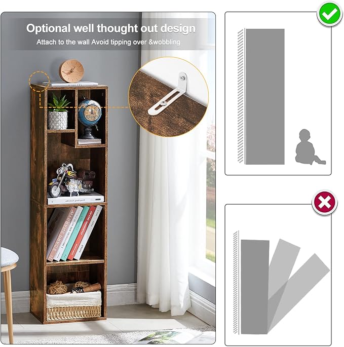 VECELO 4-Tier Bookcase, Modern Storage Cabinet with Height Difference Shelves for Standard Textbooks, 5 Cubes, Vertical or Horizontal, Easy Assembly, Rustic Brown